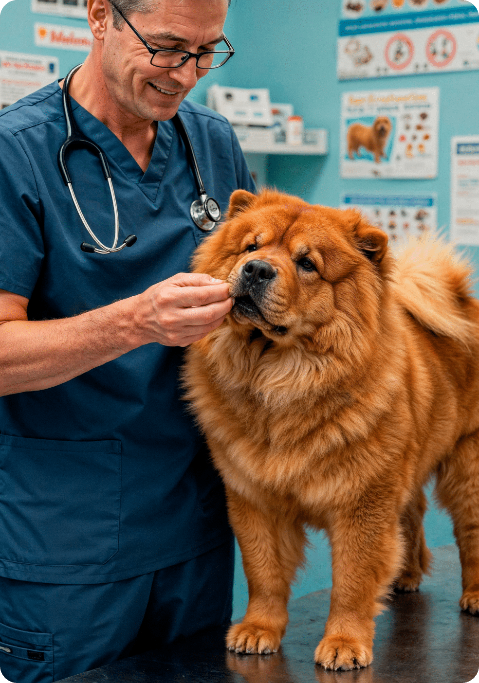 A chow chow and a vet doctor.